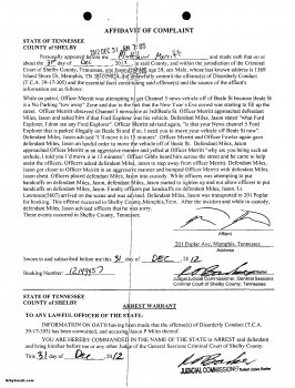 Copy of the original general sessions court affidavit and arrest warrant for Memphis reporter Jason Miles following an apparent New Year's Eve altercation with police on Beale Street.