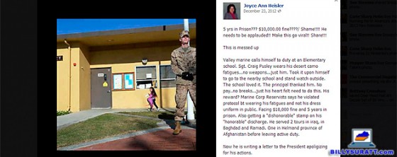 Screen capture of a Facebook meme about former Marine Craig Pusley guarding a California school. Not only is Pusley not facing disciplinary charges from the Marine Corps for wearing fatigues in public instead of a dress uniform, the ex-Marine lied about his rank and service record.