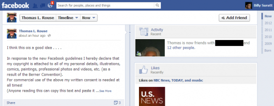 Facebook privacy notice hoax trips up KBA president-elect Facebook privacy notice hoax trips up KBA president-elect, as shown in this screen capture of Kentucky Bar Association President-Elect Thomas L. Rouse's public Facebook profile on November 26, 2012. The Erlanger mayor and attorney fell for a Facebook privacy notice copyright hoax meme.